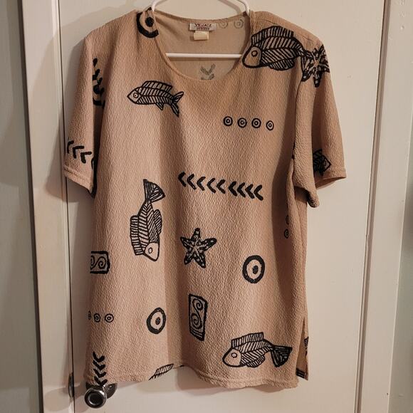 Vtg 80s Vejaiz Crinkle Gauze Shirt Fish Print Shoulder Pads Oversized Boxy Top - Picture 4 of 10